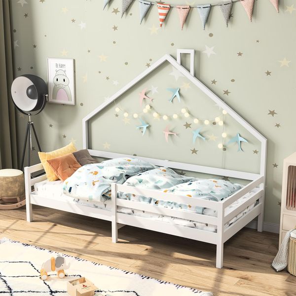 Letto Per Bambini Fortuna Lai 90X200 Cm, Letto A Casetta In Pino Con Camino, Protezione Anticaduta E Rete A Doghe, Bianco-image
