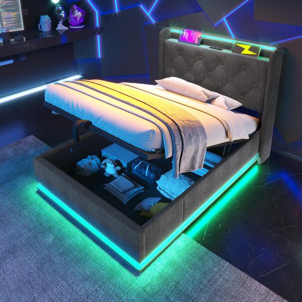 Letto Imbottito Flieks 90X200Cm Con Funzione Di Ricarica (Usb&Typ-C), Letto Giovanile Letto Singolo Letto Contenitore Con Led, Letto A Molle Idrauliche, Biancheria, Grigio-image
