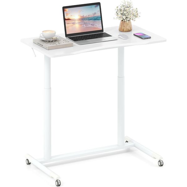 Costway Scrivania A C Con Rotelle, Altezza Regolabile 70-106 Cm, Piccola Scrivania Per Computer Con Struttura In Metallo, Scrivania Mobile, Tavolo Per Laptop, Bianco-image