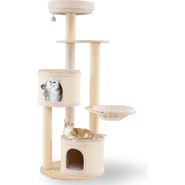 Costway 152Cm Tiragraffi Grande, Albero Per Gatti Con 2 Grotte Per Gatti, Cesto, Tiragraffi In Sisal, Palla Da Gioco E Piattaforma, Tiragraffi Per Gatti, Albero Da Arrampicata In Legno Natura-image