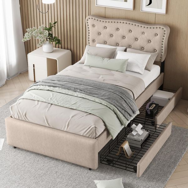 Letto Piano 90 X 200 Cm, Letto Imbottito, Comodino Imbottito Con Rivetti Decorativi, Doppio Cassetto, Beige Scuro-image
