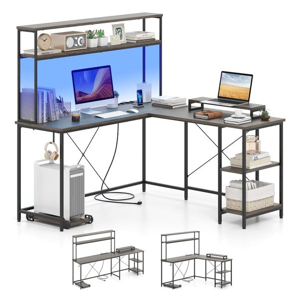 Costway Scrivania Angolare A L 145X145Cm Scrivania Reversibile Per Computer Scrivania Per Ufficio Con Led, Prese, Ripiani, Ganci Per Cuffie E Supporto Per Monitor Grigio-image