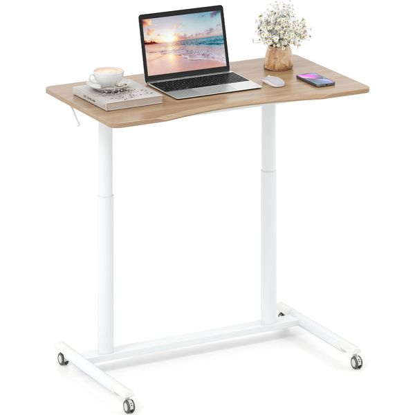 Costway Scrivania A C Con Rotelle, 70-106 Cm Regolabile In Altezza, Piccola Scrivania Per Computer Con Struttura In Metallo, Scrivania Mobile, Tavolo Per Laptop, Natura-image