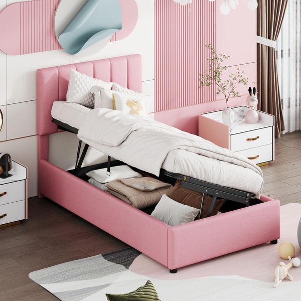 Letto Per Bambini Imbottito 90X200 Cm, Letto Contenitore Idraulico, Letto Con Contenitore Alto In Lino Delicato Sulla Pelle, Rosa-image