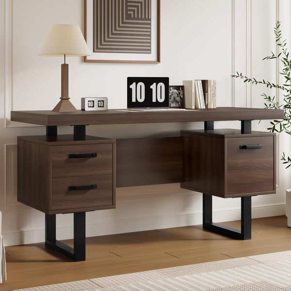 Scrivania Merax 135X54 Cm - Aspetto Noce, Scrivania Da Lavoro Con 2 Cassetti E Scomparto Per Cartelle, Scrivania Da Ufficio In Mdf Con Struttura In Acciaio Nero Per Ufficio Domestico-image