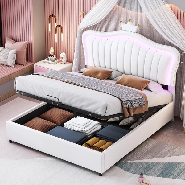 Letto Per Bambini Letto Imbottito 140 X 200 Cm, Letto Contenitore Idraulico, Struttura Letto Singolo Con Luci Led, Rete A Doghe E Schienale-image