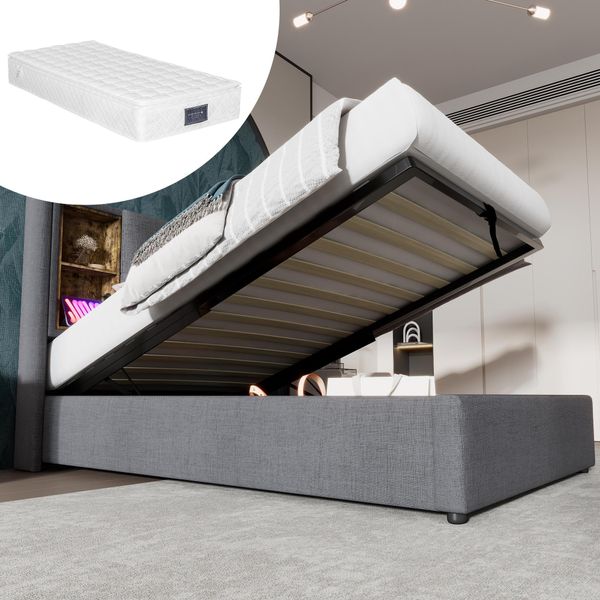 Letto Singolo Con Ricarica Wireless Usb C, Struttura Letto Imbottita 90X200Cm, Struttura Letto Con Contenitore A Doghe Grigio Con Materasso-image