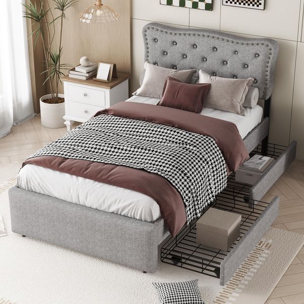 Letto Piano 90 X 200 Cm, Letto Imbottito, Comodino Imbottito Con Rivetti Decorativi, Doppio Cassetto, Grigio-image
