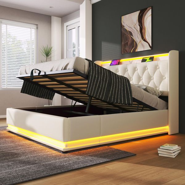 Letto Imbottito Flieks 160X200Cm Con Funzione Di Ricarica (Usb&Typ-C), Letto Giovanile Letto Matrimoniale Letto Contenitore Con Led, Letto A Molle Idrauliche, Pu, Bianco-image