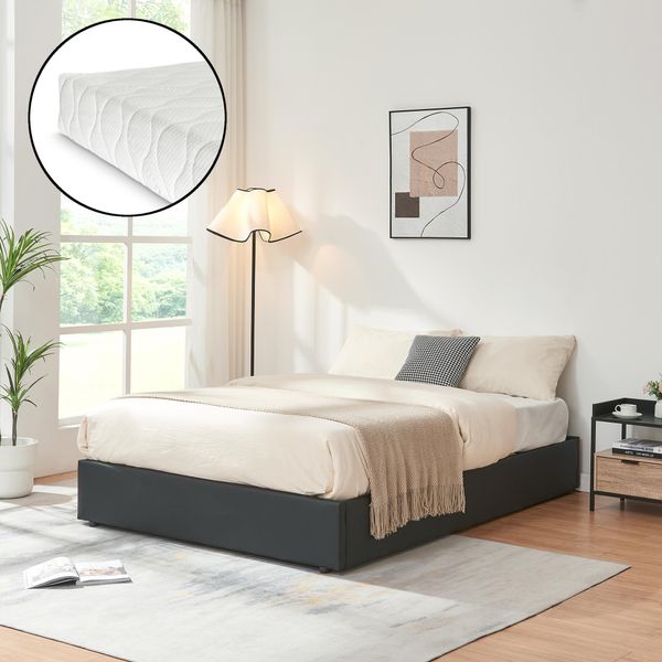 Letto Imbottito 'Nola' Con Materasso E Rete 140 X 200 Cm In Ecopelle Nera-image
