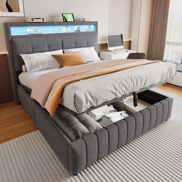 Letto Imbottito Merax 160X200 Cm Con Led, Usb, Letto Matrimoniale Con Contenitore Idraulico, Testata Con Ripiani, Letto Per Adulti Con Rete A Doghe, Grigio Lino-image