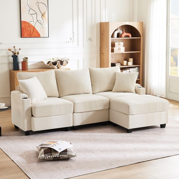 Divano Angolare Merax, Con Funzione Sleep, Divano A 3 Posti A L Con Poggiapiedi, Portabicchieri, Usb, Tipo C, Bracciolo Portaoggetti, Divano, Divano Letto, Velluto A Coste, Beige-image