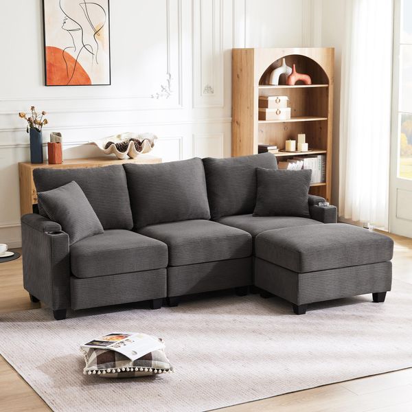 Divano Angolare Merax, Con Funzione Sleep, Divano A L A 3 Posti Con Poggiapiedi, Portabicchieri, Usb, Tipo C, Bracciolo Portaoggetti, Divano, Divano Letto, Velluto A Coste, Grigio-image