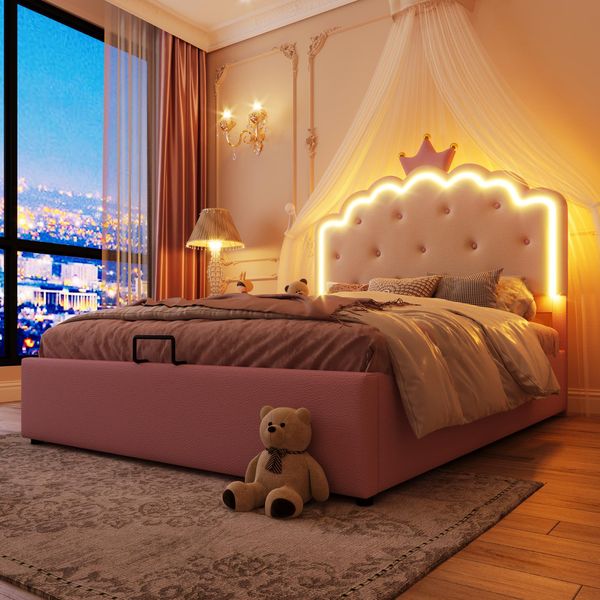 Letto Imbottito Merax 140X200 Cm, Letto Da Principessa, Letto Per Bambini Con Contenitore Idraulico, Led, Rete A Doghe, Forma A Corona, Letto Piano, Letto Per Ragazzi, Pu, Rosa-image