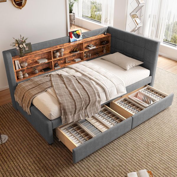 Letto Imbottito Flieks 90X200Cm Con Cassetti, Daybed Daybed Con Usb E Type-C, Letto Singolo Letto Per Ragazzi Divano Letto Con Ripiani, Biancheria, Grigio-image