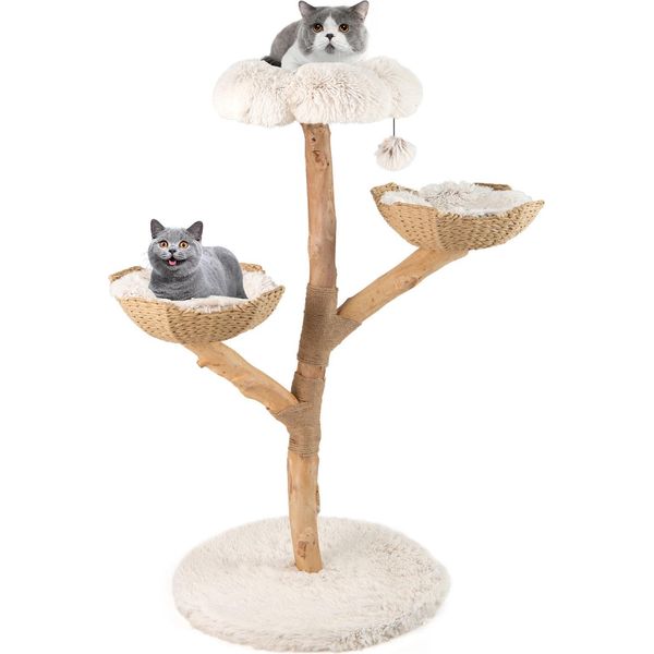 Costway Tiragraffi In Legno Da 122 Cm, Albero Per Gatti Con Seduta In Peluche, 2 Cesti In Rattan, Tiragraffi In Iuta E Pallina, Mobili Per Gatti In Legno Massiccio, Bianco + Natura-image