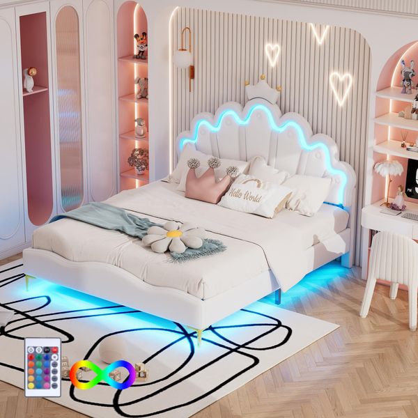 Letto Imbottito Merax 140X200Cm Con Luci Led, Testata Regolabile, Gambe Dorate, Letto Da Principessa Con Design A Corona, Pu, Letto Per Bambini, Letto Per Giovani, Bianco-image