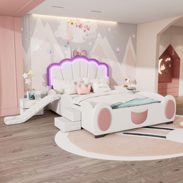 Letto Imbottito Merax 140X200Cm, Letto A Cartoni Animati Con Scivolo, Scale, Luci Led, Design A Farfalla, Letto Per Bambini, Letto Per Ragazzi, Pu, Bianco-image