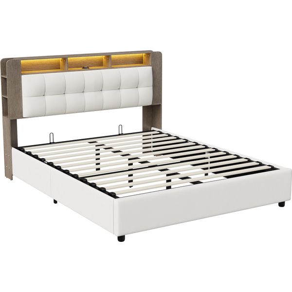 Letto Imbottito 160X200Cm Con Rete A Doghe, Contenitore E Illuminazione Led, Velluto, Bianco-image