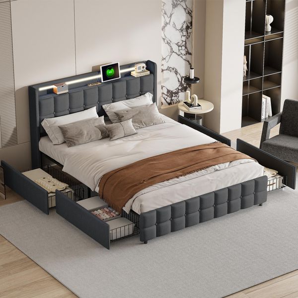 Letto Matrimoniale Imbottito (160 X 200 Cm), Testata A Led, 4 Cassetti, Connessione Usb, Biancheria Da Letto Grigia, Materasso Non Incluso Nella Fornitura-image