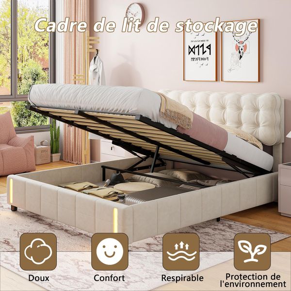 Letto Contenitore 160 X 200 Cm Con Rivestimento In Velluto Beige, Rete Illuminata A Led E Rete A Doghe-image