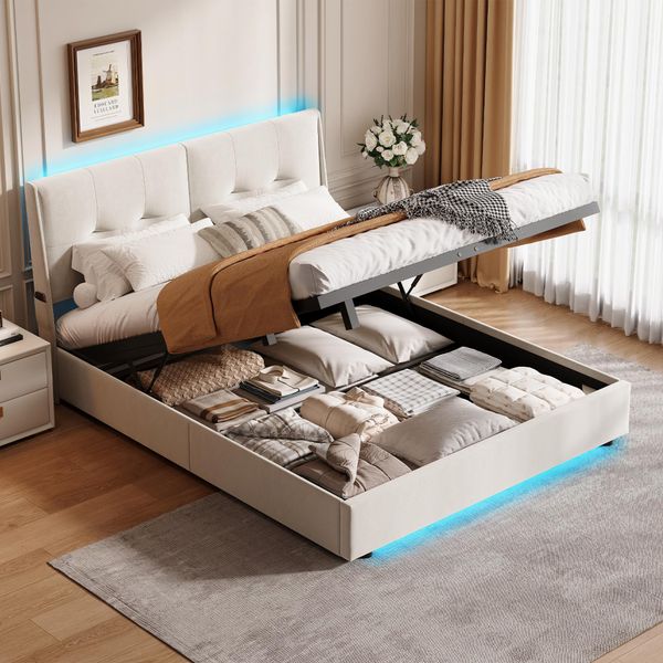 Letto Con Contenitore 160X200 Cm, Illuminazione Led, Testata Imbottita, Rete A Doghe Pieghevole, Beige-image