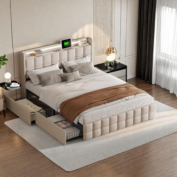 Letto Matrimoniale Imbottito (140 X 200 Cm), Testata A Led, 4 Cassetti, Connessione Usb, Biancheria Da Letto Beige, Materasso Non Incluso Nella Fornitura-image