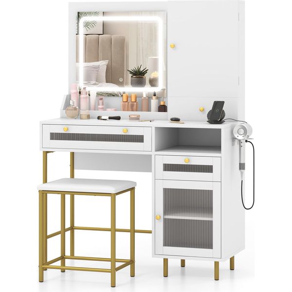 Tavolo Da Toilette Costway Tavolo Cosmetico Con Stazione Di Ricarica, Led, Portagioie, Sgabello, Specchio, 3 Cassetti E Porta Asciugacapelli Bianco-image