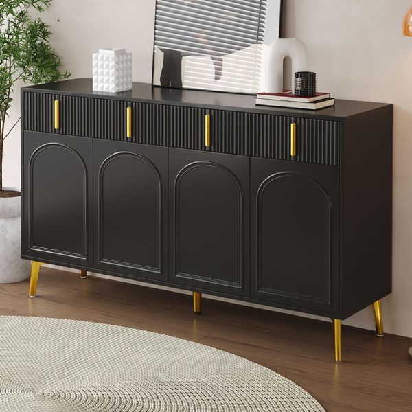 Credenza Merax Nera Con Maniglie Dorate, Cassettiera Con 4 Ante E 4 Cassetti, Credenza In Mdf, Cassettiera Ad Ante Con Ripiani Regolabili, Nera-image