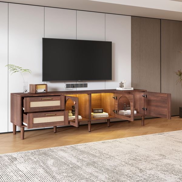 Mobile Tv Sweiko 180 Cm Marrone Per Tv Da 80 Pollici - Con 2 Cassetti In Rattan, 2 Ante In Vetro Curvato E 1 Anta In Rattan, Illuminazione A Led, Offre Un'elegante Custodia, Lavagna Tv-image