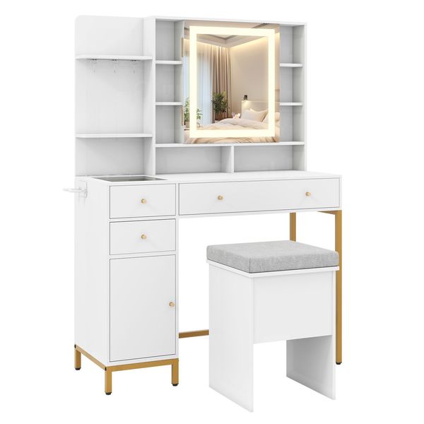 Tavolino Da Toilette Costway Con Specchio Led E Luci A 3 Colori, Tavolino Da Toilette Con Sgabello, Stazione Di Ricarica, Cassetti E Ripiani Aperti, Tavolino Cosmetico Bianco-image
