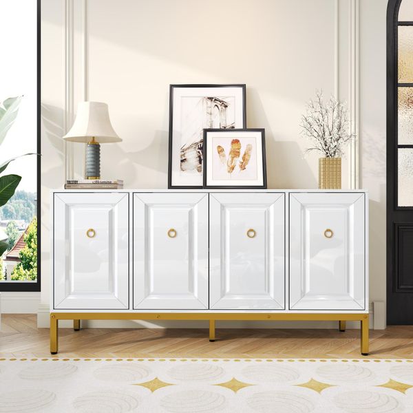 Credenza Merax 140X40X80Cm Con 4 Ante E Ripiani Regolabili, Cassettiera Bianca Lucida Con Maniglie E Gambe Dorate, Elemento Contenitivo Moderno-image