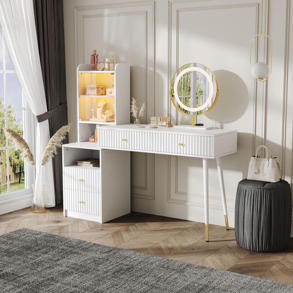 Tavolino Da Toilette Merax Con Specchio, Illuminazione Led, Luminosità Regolabile, 4 Cassetti, Vano A Giorno, Anta In Vetro Con Luce Led, Tavolo Cosmetico, Bianco-image