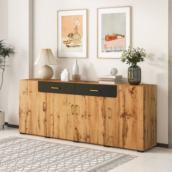Credenza Merax Cassettiera In Legno Con 2 Cassetti E 4 Ante, Credenza In Rovere-image