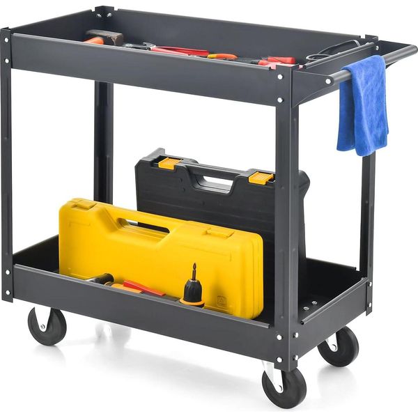 Costway Carrello Da Officina Con 2 Ripiani, Carrello Porta Attrezzi Con Maniglia, Carrello Da Officina In Metallo, Capacità Di Carico Fino A 100 Kg, Carrello Di Montaggio, Carrello A Ripiani Per Casa, Garage, 85 X 41 X 79 Cm (Nero)-image