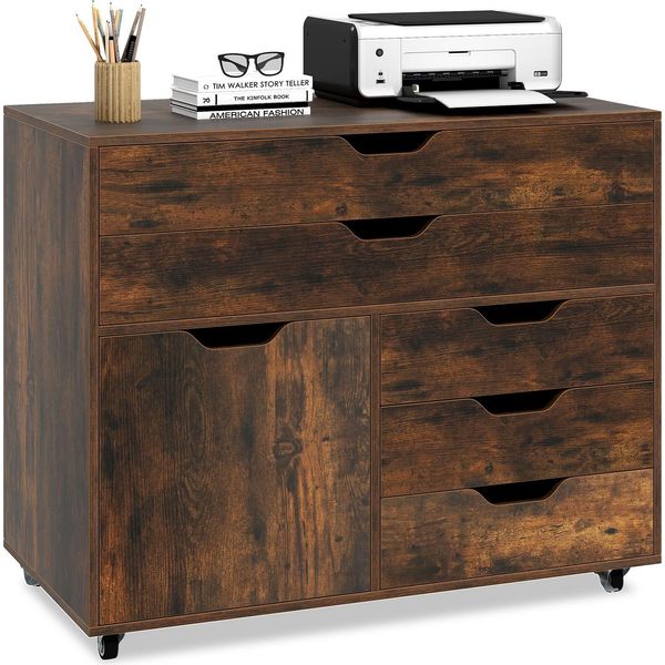 Costway Piedistallo Mobile Con Rotelle, 5 Cassetti E Armadio, Schedario, Cassettiera Con Piano Di Lavoro, Carrello, Piedistallo In Legno Per Ufficio, Marrone-image