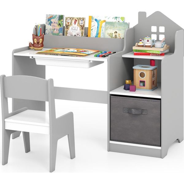 Scrivania Per Bambini Costway, Scrivania Per Bambini Con Sedia, Cassetto, Ripiani E Contenitore In Tessuto, Scrivania In Legno Per Bambini Dai 3 Anni In Su, Grigio-image