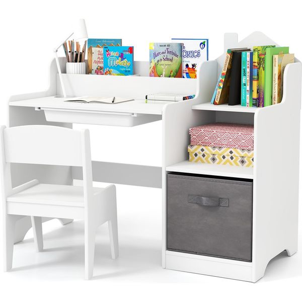 Scrivania Per Bambini Costway, Scrivania Per Bambini Con Sedia, Cassetto, Ripiani E Contenitore In Tessuto, Banco Di Scuola In Legno Per Bambini Dai 3 Anni In Su, Bianco-image