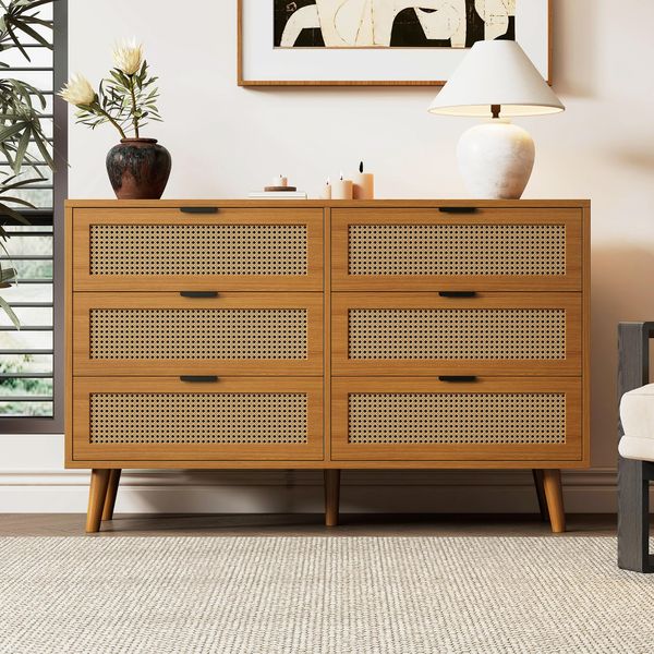 Credenza Merax Con 6 Cassetti E Gambe In Legno Massiccio, Credenza In Vimini Rattan, Cassettiera In Legno Per Soggiorno 120X40X76,5 Cm-image