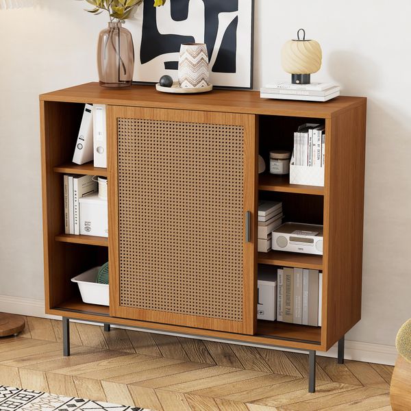 Cassettiera Merax Con Ripiani Regolabili E Ante Scorrevoli In Midollino Rattan, Credenza A 6 Scomparti-image