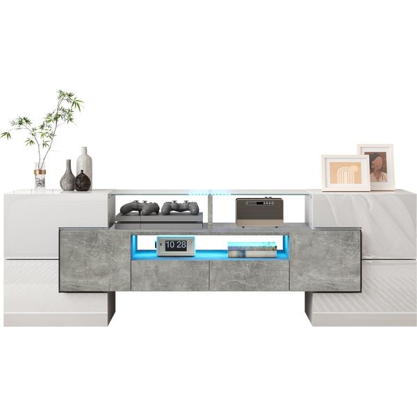 Mobile Tv Fortuna Lai L145 Cm - Bianco Lucido, Led Integrato, Superficie In Vetro, Design Elegante Per Il Soggiorno-image