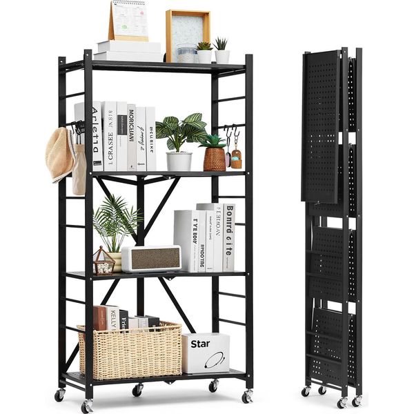 Vevor 4 Scaffali, Scaffali Pieghevoli Con Ruote, 33X71X137 Cm, Scaffale Pieghevole Per Carichi Pesanti, Scaffale In Piedi Senza Montaggio, Scaffale Per La Casa, Scaffale Per La Cucina, Scaffale In Metallo Per Garage, Cucina, Cantina, Nero-image