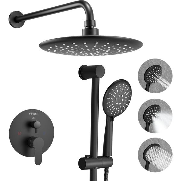 Vevor Miscelatore Doccia A Pioggia Per Il Bagno Sistema Doccia Con Soffione A Pioggia Rotondo Da 229 Mm E Doccetta, Rubinetti Da Bagno A Parete Con Valvola In Ottone E Set Decorativo, Nero Opaco-image
