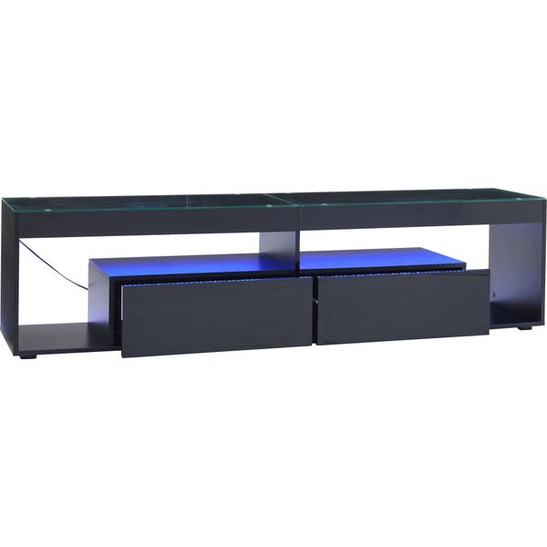 Mobile Tv Con Illuminazione Led - Nero Lucido - Porta Tv Con 2 Cassetti - Piano In Vetro-image