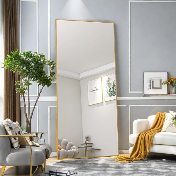 Grande Specchio A Figura Intera, 180 X 80 Cm, Grande Specchio Da Appoggio, Specchio Da Appendere, Rettangolare, Oro-image