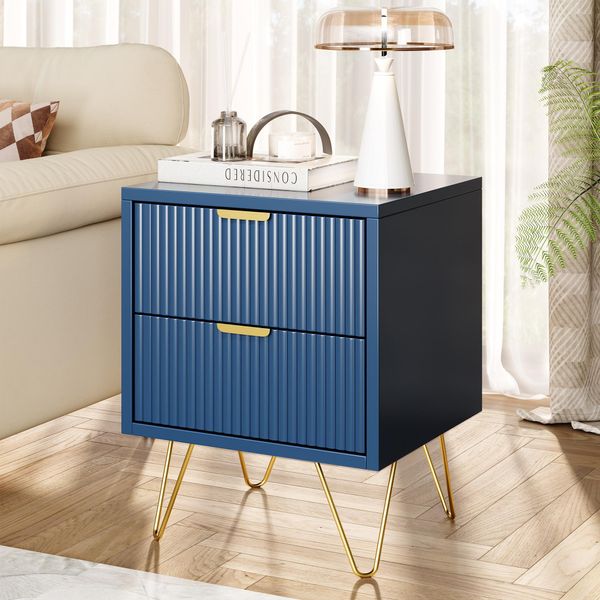Comodino, 2 Cassetti, Gambe Dorate, Maniglie Dorate, Design Con Linee Convesse E Concave, Struttura Robusta, Blu-image
