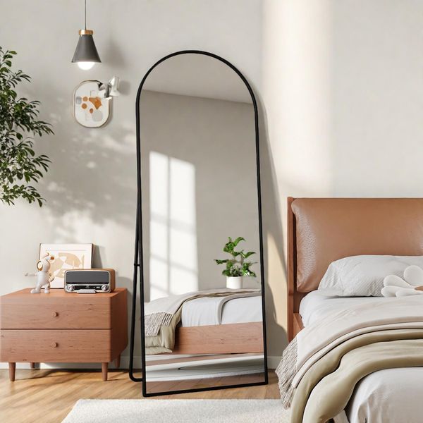 Specchio Curvo A Figura Intera 162 X 53 Cm, Grande Specchio Curvo In Piedi Con Supporto, Da Appendere, Nero-image