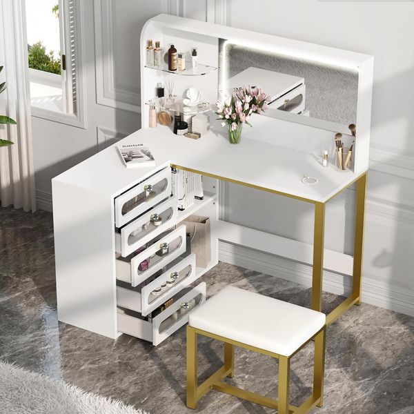 Tavolino Da Toilette Con Grande Specchio Led, Sgabello, 6 Cassetti, Ripiani Aperti, Spazio Di Archiviazione Nascosto, Design Moderno, Bianco-image