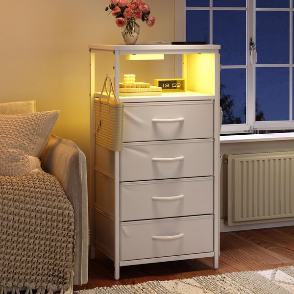 Comodino Unboxg 40X30X79,5 Cm, Bianco, Illuminazione A Led, 2 Cassetti, Usb E Prese Di Corrente, Comodino Multifunzionale Con Spazio Di Archiviazione E Scomparto Laterale-image