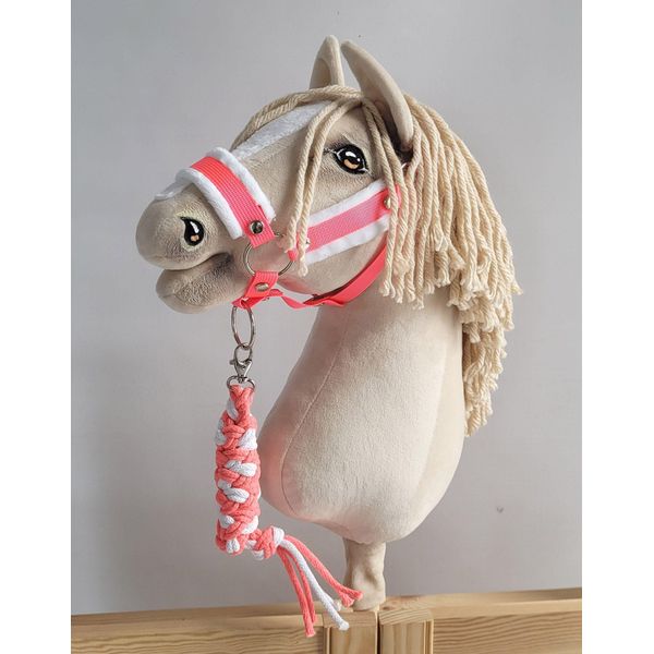 Set Hobby Horse: Cavezza A3 Con Pelliccia Bianca + Cordino - Rosa Neon/Bianco-image